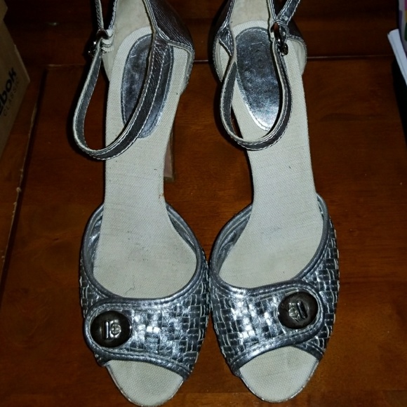 silver open toe ankle strap heels